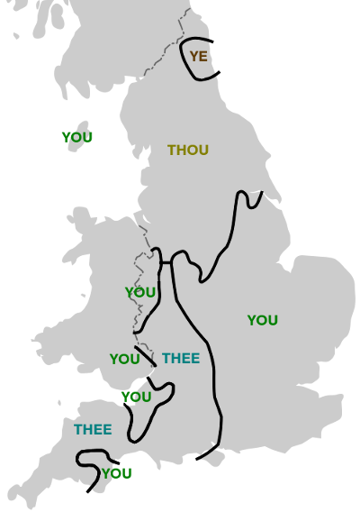 2人称単数形に関するイングランドの現代英語方言地図